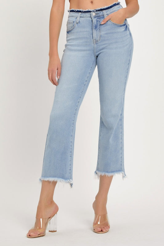 RISEN Full Size High Rise Raw Edge Crop Jeans Light