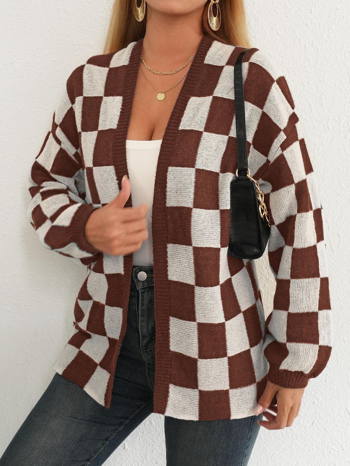 Checkered Open Front Long Sleeve Cardigan