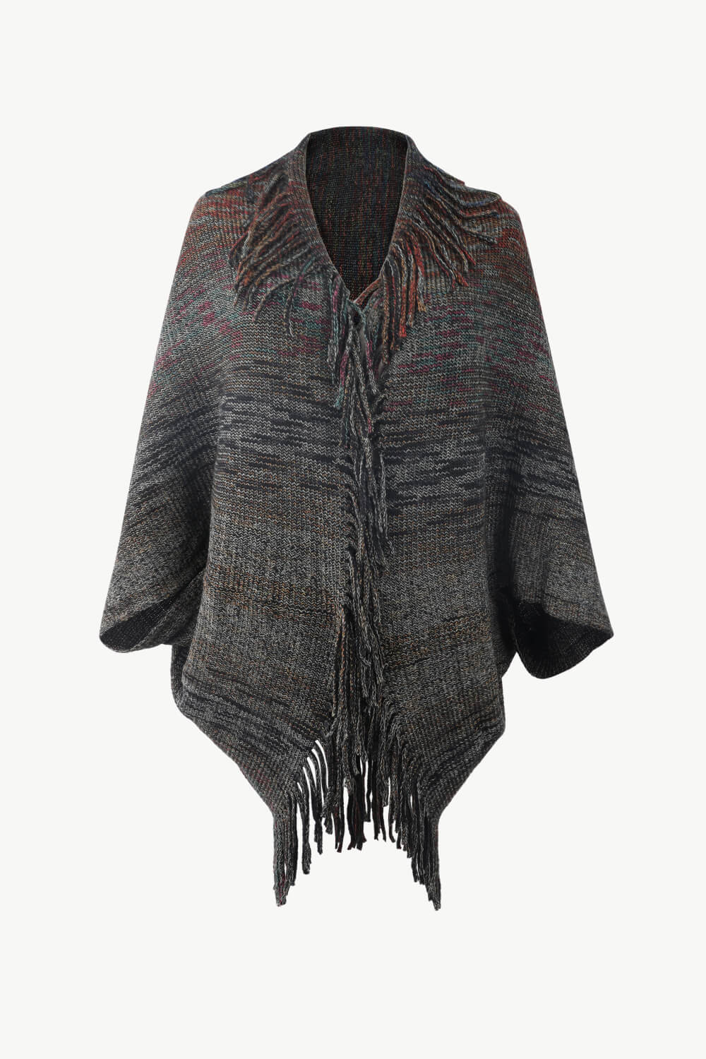 Multicolored Fringe Trim Poncho Black One Size