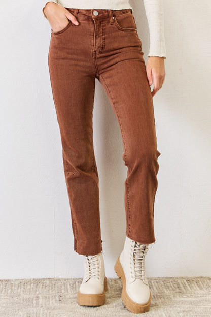 RISEN Full Size High Rise Tummy Control Straight Jeans Espresso