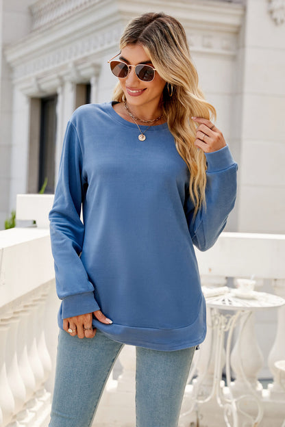 Round Neck Slit Tunic Top Blue