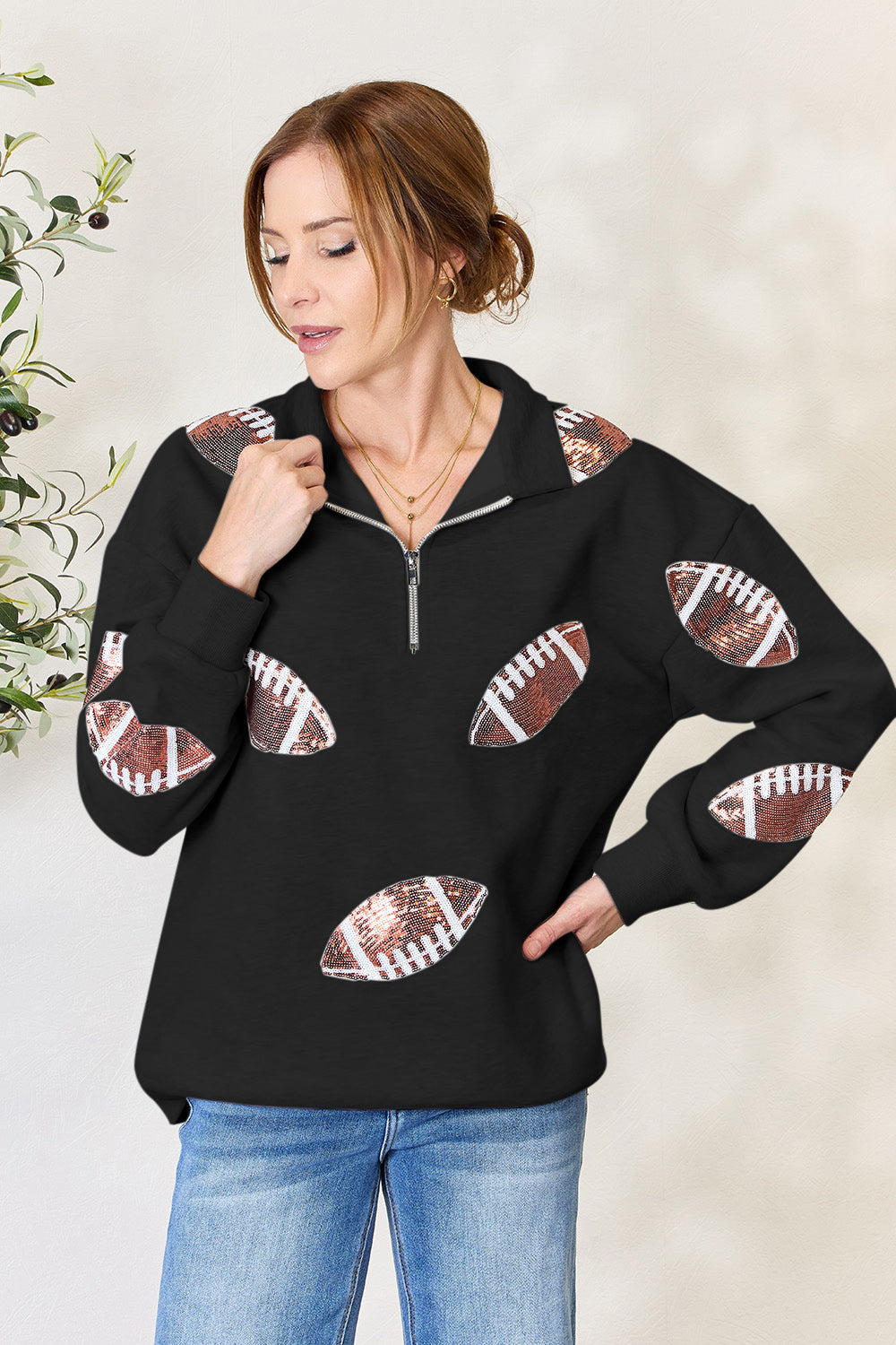 Back-to-School Sequin Football Sweatshirt Black