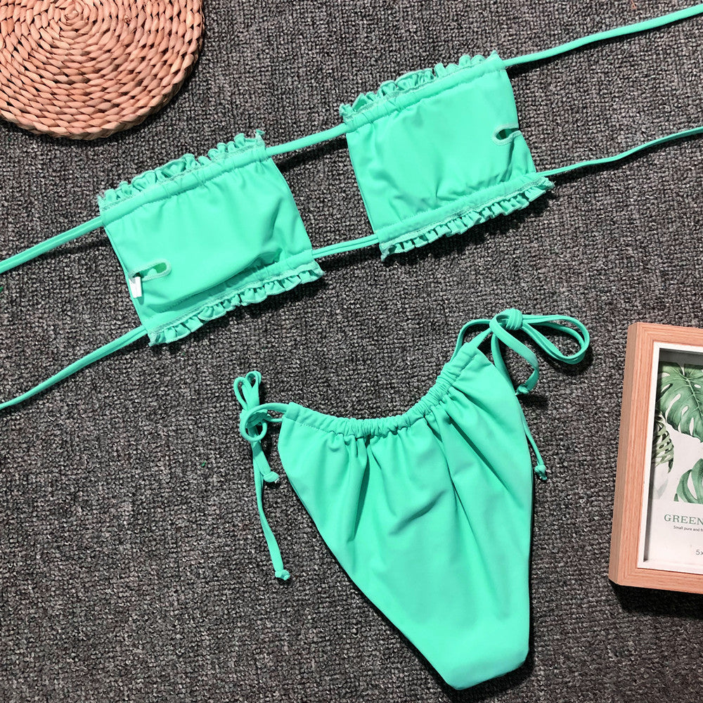 Ruched bikini set with flirty frill trim