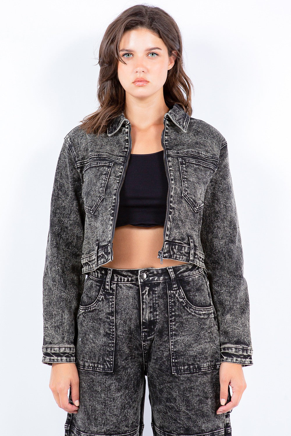 Distressed Denim Cropped Jacket Grey