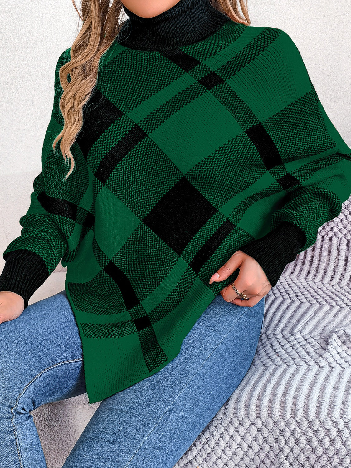 Plaid Turtleneck Batwing Sleeve Sweater Dark Green