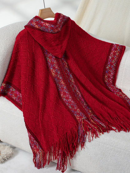 Fringe Half Sleeve Hooded Poncho Burgundy One Size