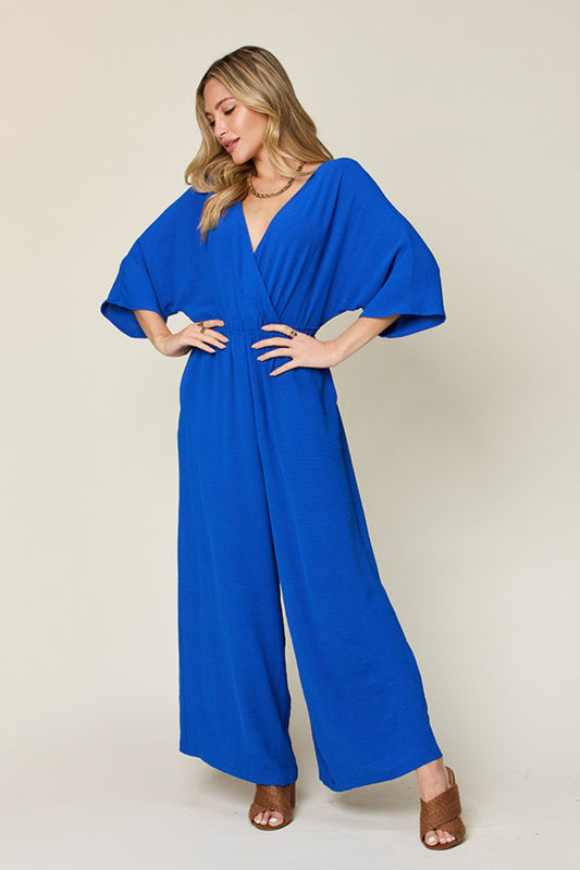 Tie-Waist Jumpsuit with Wide Legs and Short Sleeves Royal Blue