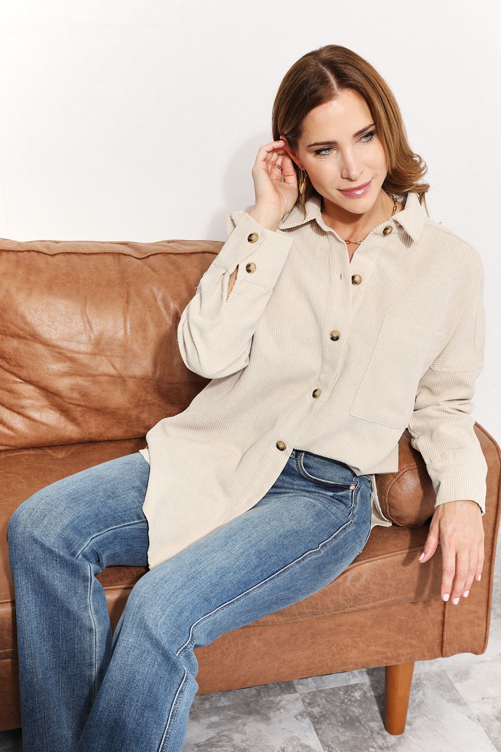 HEYSON Full Size Oversized Corduroy Button-Down Tunic Shirt with Bust Pocket