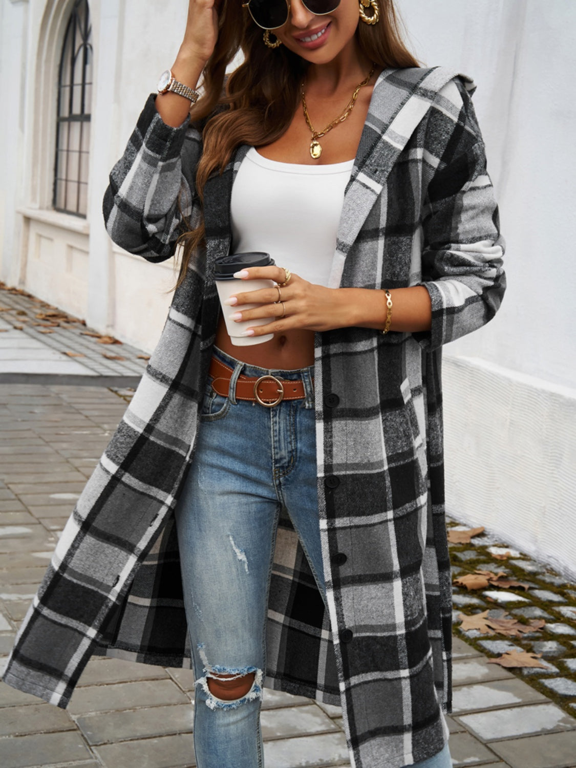 Devine Plaid Long Sleeve Hooded Coat Dark Gray