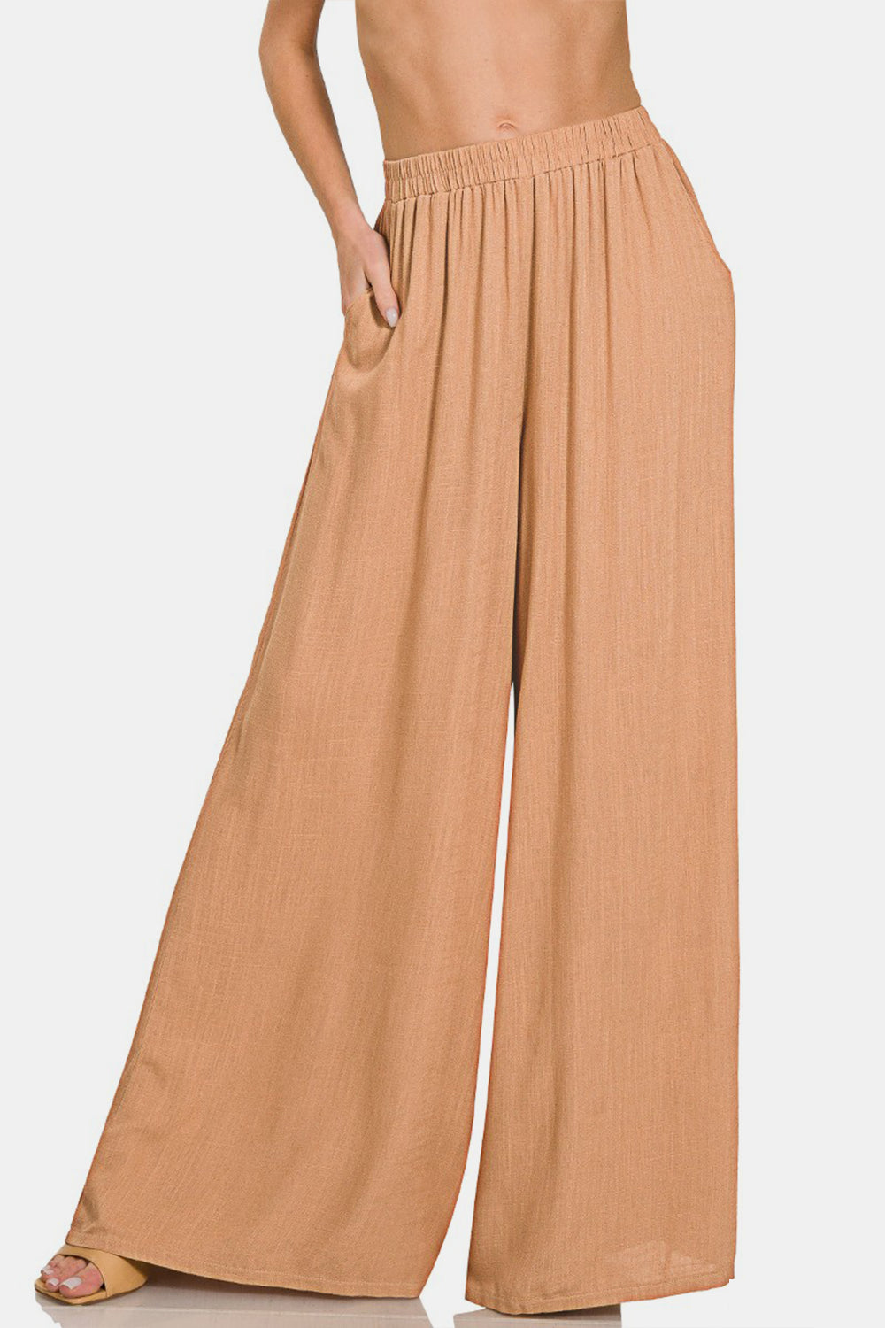 Zenana Pleated Linen Blend Wide Leg Pants Dk Brush