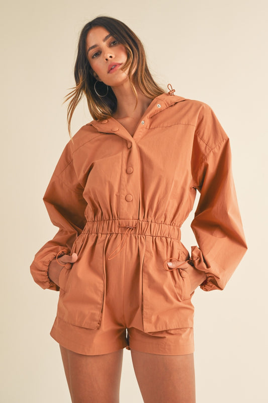 Mable Snap Down Long Sleeve Hooded Romper Tan