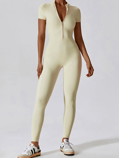 High-Stretch Nylon Half Zip Active Jumpsuit Pastel Yellow