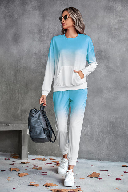 Gradient Round Neck Sweatshirt and Joggers Set Blue