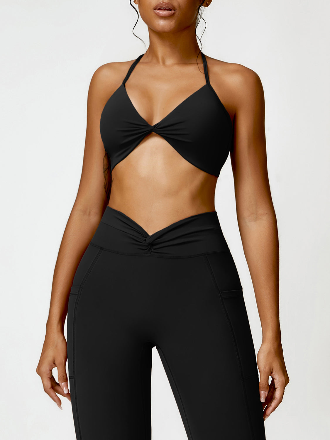 Twisted Halter Neck Active Bra Black