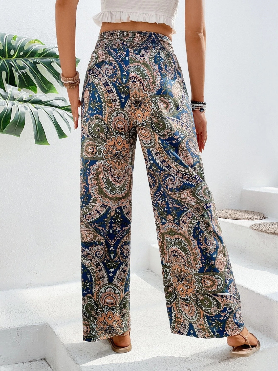 Tie Waist Printed Wide Leg Pants