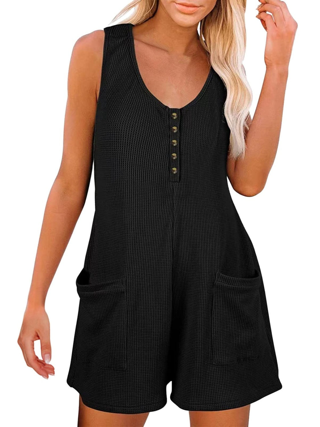 Button Front Sleeveless Romper with Pockets