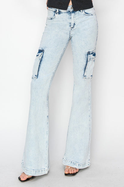 RISEN Full Size High Rise Cargo Flare Jeans Acid Light