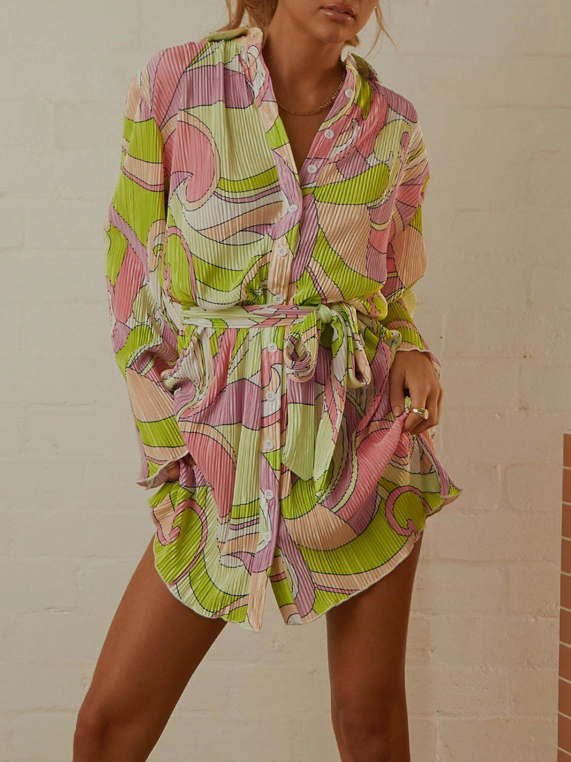 Tied Button-Up Long Sleeve Dress Lime