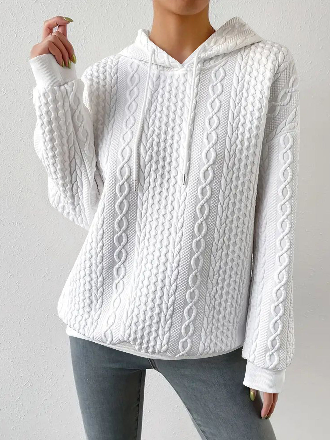 Drawstring Drop Shoulder Long Sleeve Hoodie White