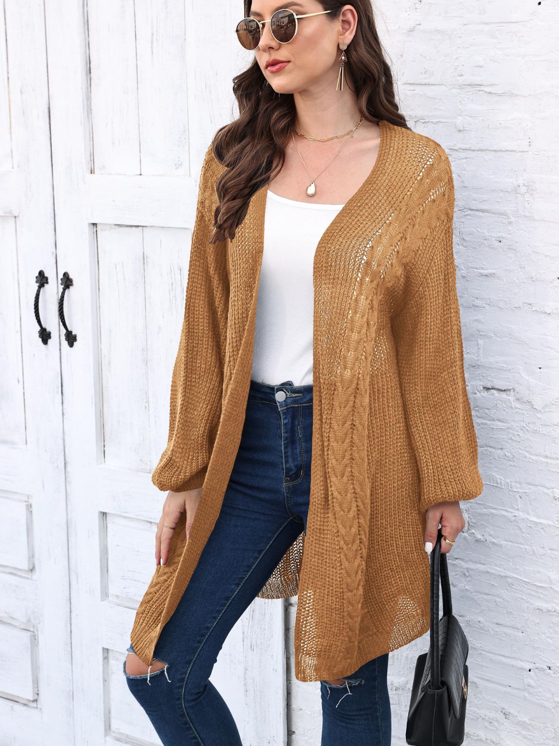 Cable-Knit Open Front Long Sleeve Cardigan Caramel One Size