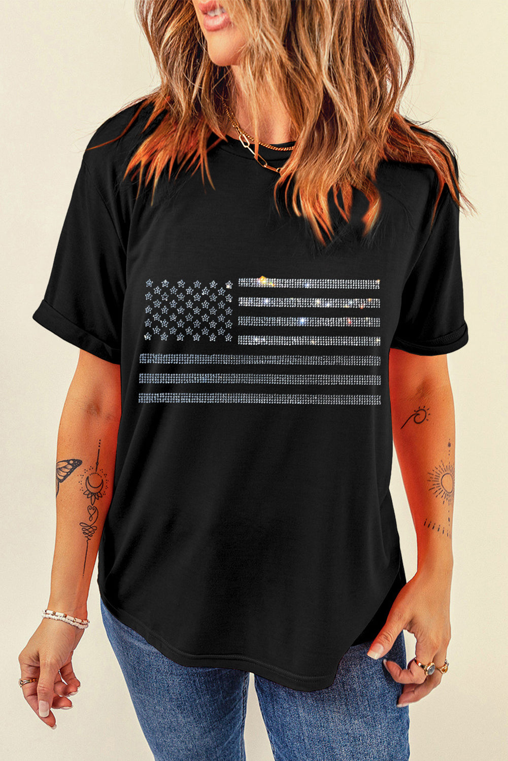 Rhinestone US Flag Round Neck Short Sleeve T-Shirt Black