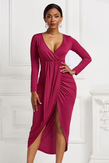 Trendy Ruched High-Low Dress Deep Rose