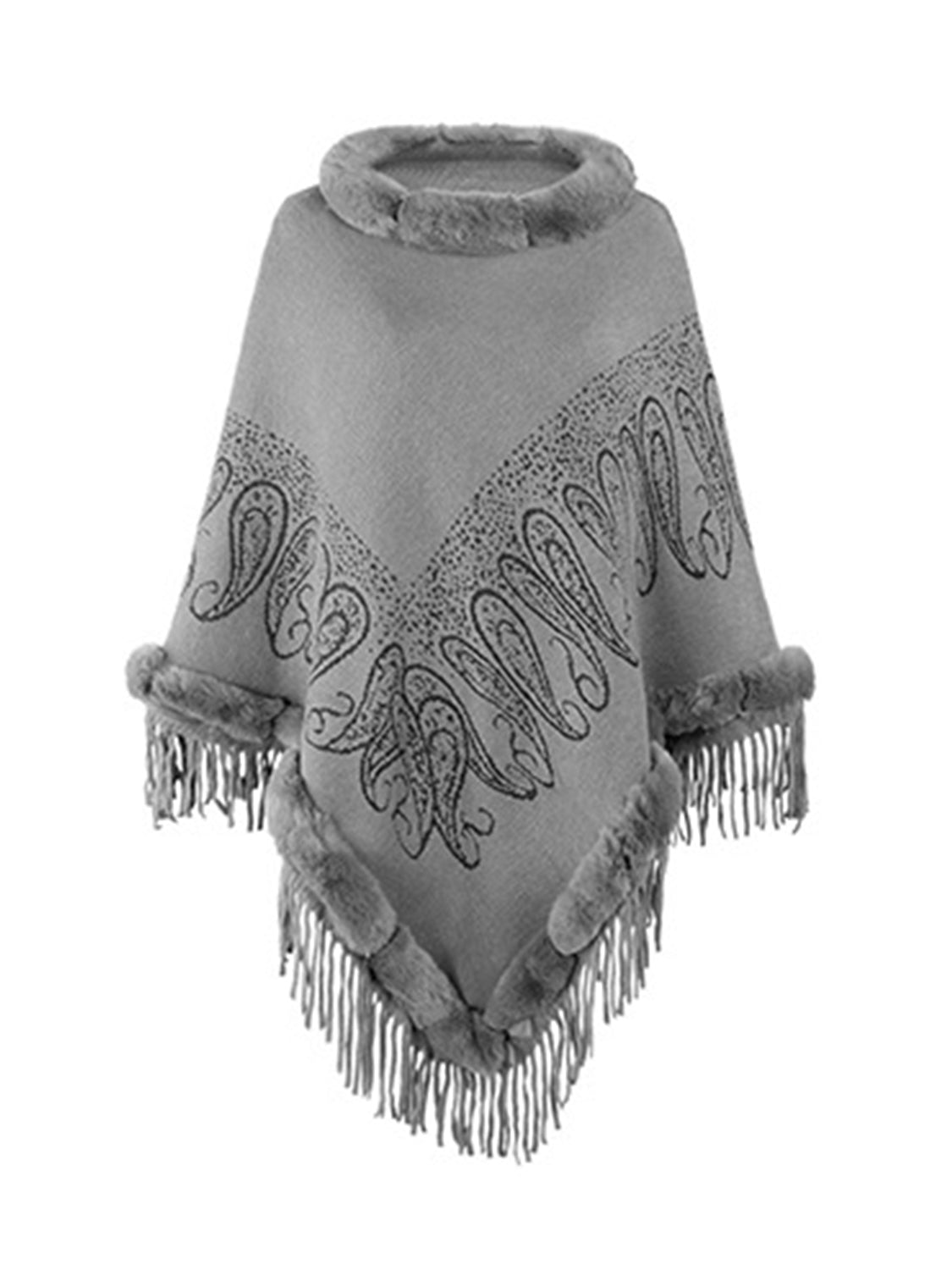 Graphic Fringe Cape Sleeve Poncho Gray One Size