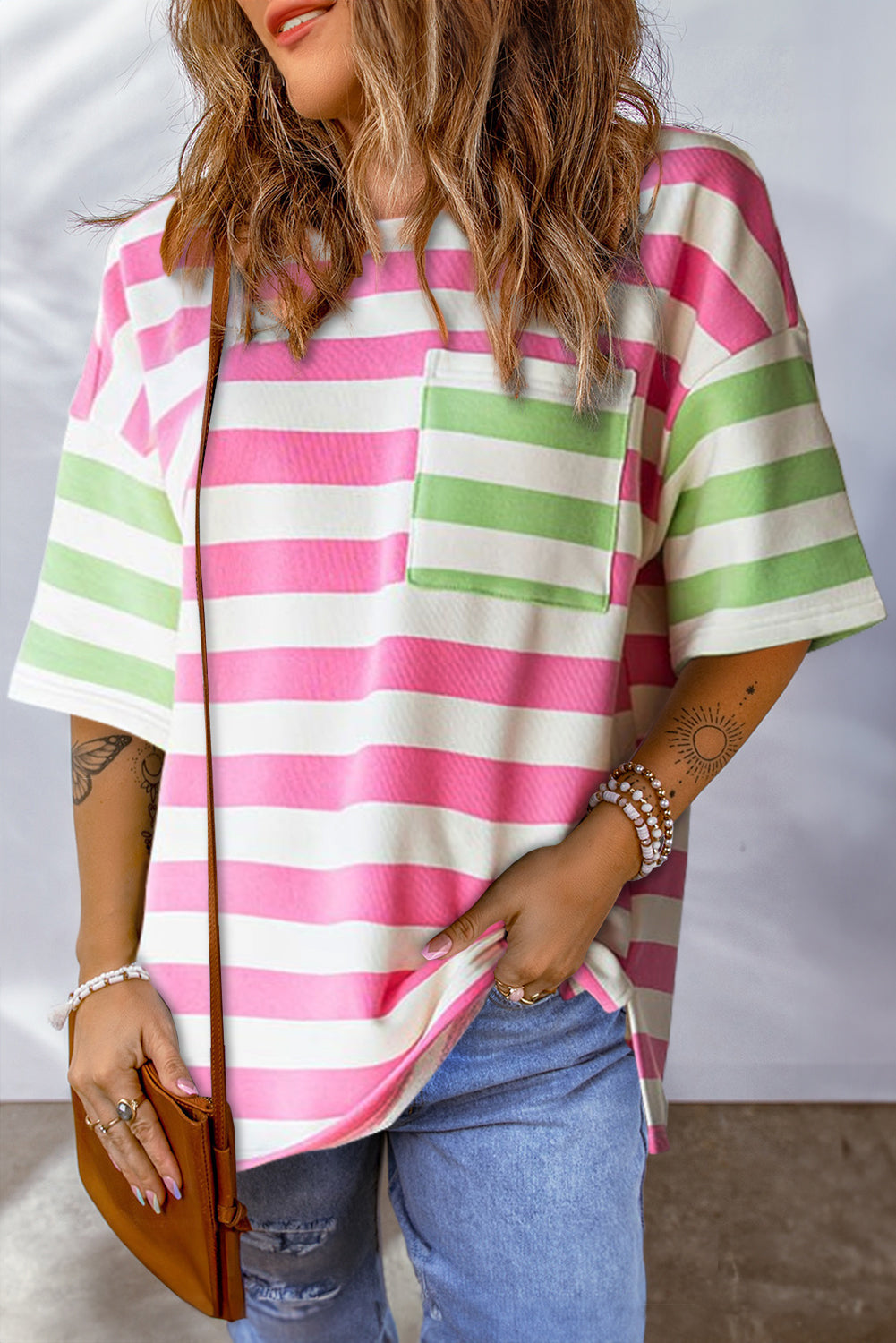 Striped Round Neck Half Sleeve T-Shirt Hot Pink