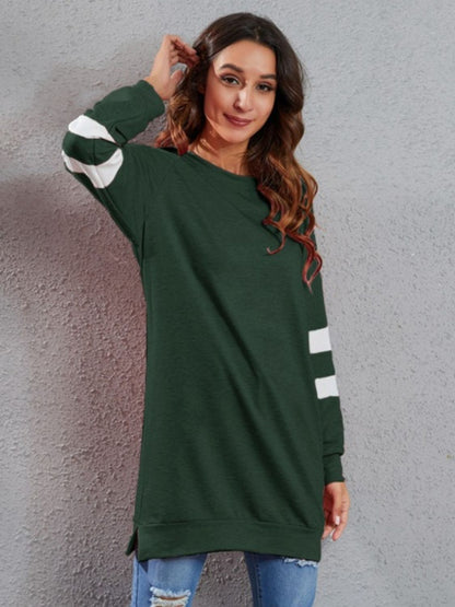 Full Size Striped Round Neck Long Sleeve T-Shirt Dark Green