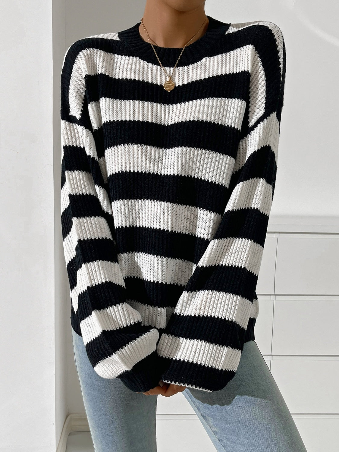 Honey Striped Round Neck Long Sleeve Sweater