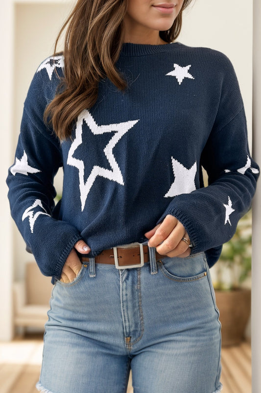 Star Round Neck Long Sleeve Sweater Dark Navy