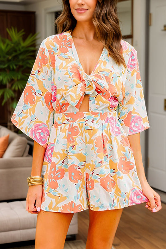 Tied Printed Half Sleeve Romper Tangerine