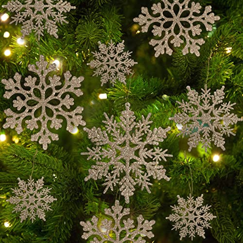 36pcs SnowflakesChristmas Tree Decorations Snowflake Ornaments for Tree Plastic Glitter White Snow Flakes Ornaments Christmas Indoor Winter Wonderland Decor Champagne Gold