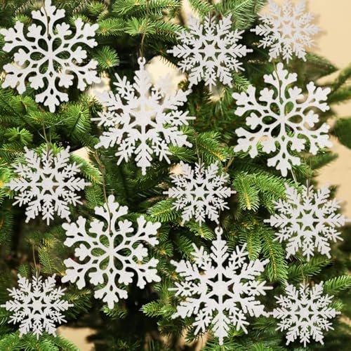 36pcs SnowflakesChristmas Tree Decorations Snowflake Ornaments for Tree Plastic Glitter White Snow Flakes Ornaments Christmas Indoor Winter Wonderland Decor