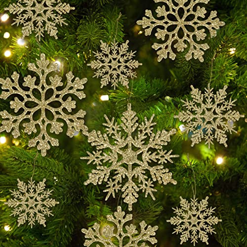 36pcs SnowflakesChristmas Tree Decorations Snowflake Ornaments for Tree Plastic Glitter White Snow Flakes Ornaments Christmas Indoor Winter Wonderland Decor Gold