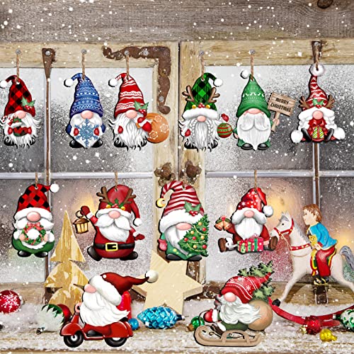 24 Pieces Christmas Gnome Wooden Hanging Ornaments Wood Hanging Decor for Christmas Tree Decoration Gnome Santa Doll Wooden Hanging Craft Gnome Elf Party Supplies