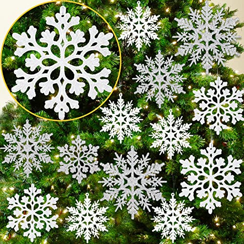 36pcs SnowflakesChristmas Tree Decorations Snowflake Ornaments for Tree Plastic Glitter White Snow Flakes Ornaments Christmas Indoor Winter Wonderland Decor Whitesilver