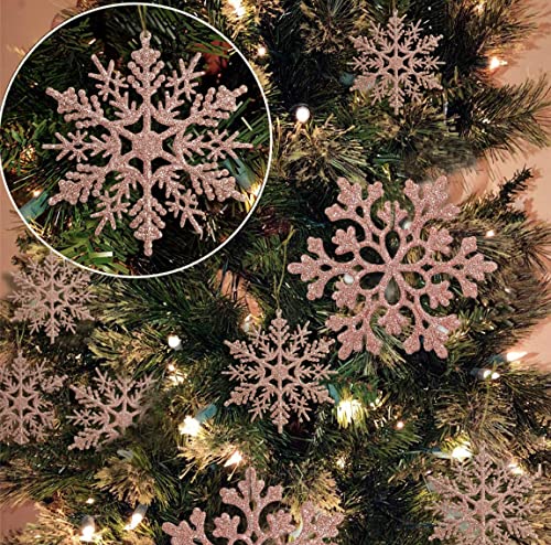 36pcs SnowflakesChristmas Tree Decorations Snowflake Ornaments for Tree Plastic Glitter White Snow Flakes Ornaments Christmas Indoor Winter Wonderland Decor Rose Gold