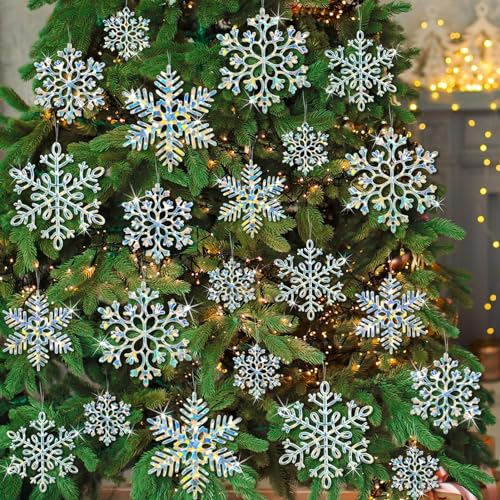 36pcs SnowflakesChristmas Tree Decorations Snowflake Ornaments for Tree Plastic Glitter White Snow Flakes Ornaments Christmas Indoor Winter Wonderland Decor Shine