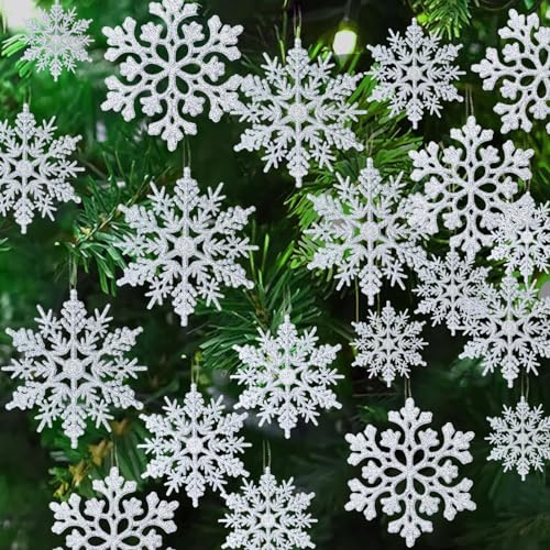 36pcs SnowflakesChristmas Tree Decorations Snowflake Ornaments for Tree Plastic Glitter White Snow Flakes Ornaments Christmas Indoor Winter Wonderland Decor Silver