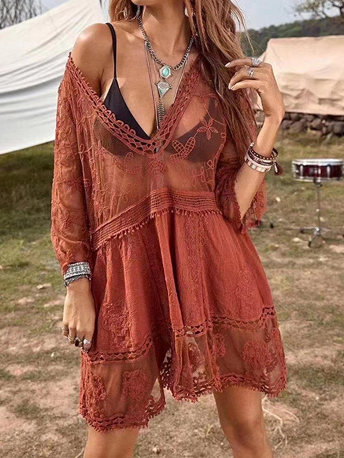 Semi-Sheer Lace Detail Beach Cover-Up Dress Brick Red One Size
