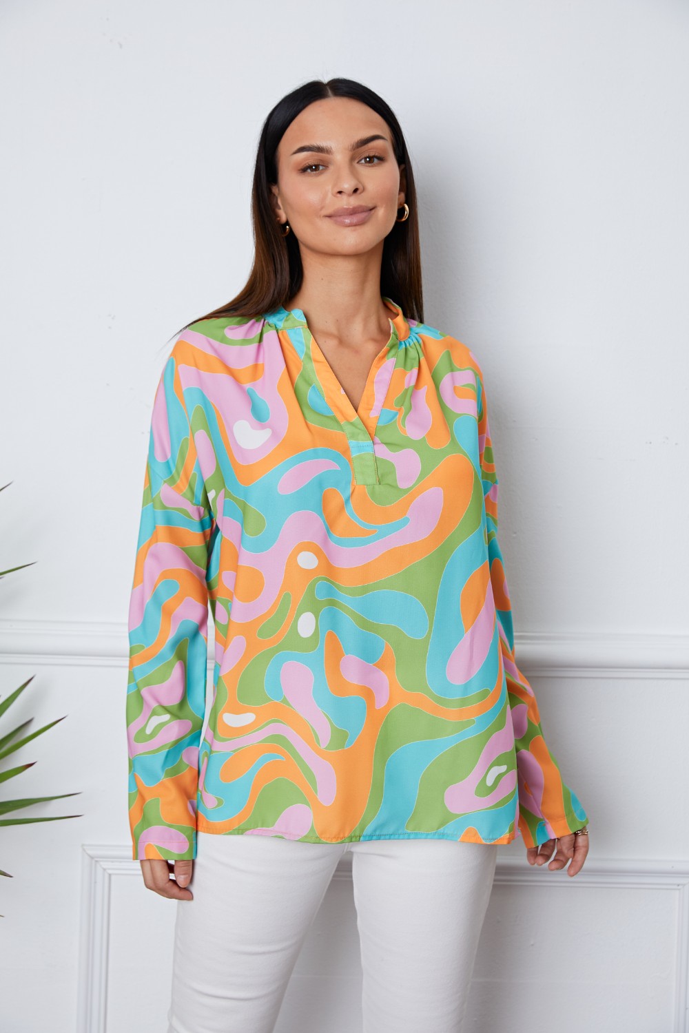 Printed Notched Long Sleeve Blouse Multicolor