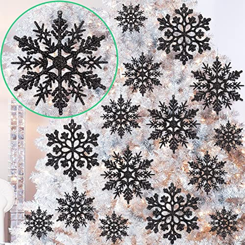 36pcs SnowflakesChristmas Tree Decorations Snowflake Ornaments for Tree Plastic Glitter White Snow Flakes Ornaments Christmas Indoor Winter Wonderland Decor Black