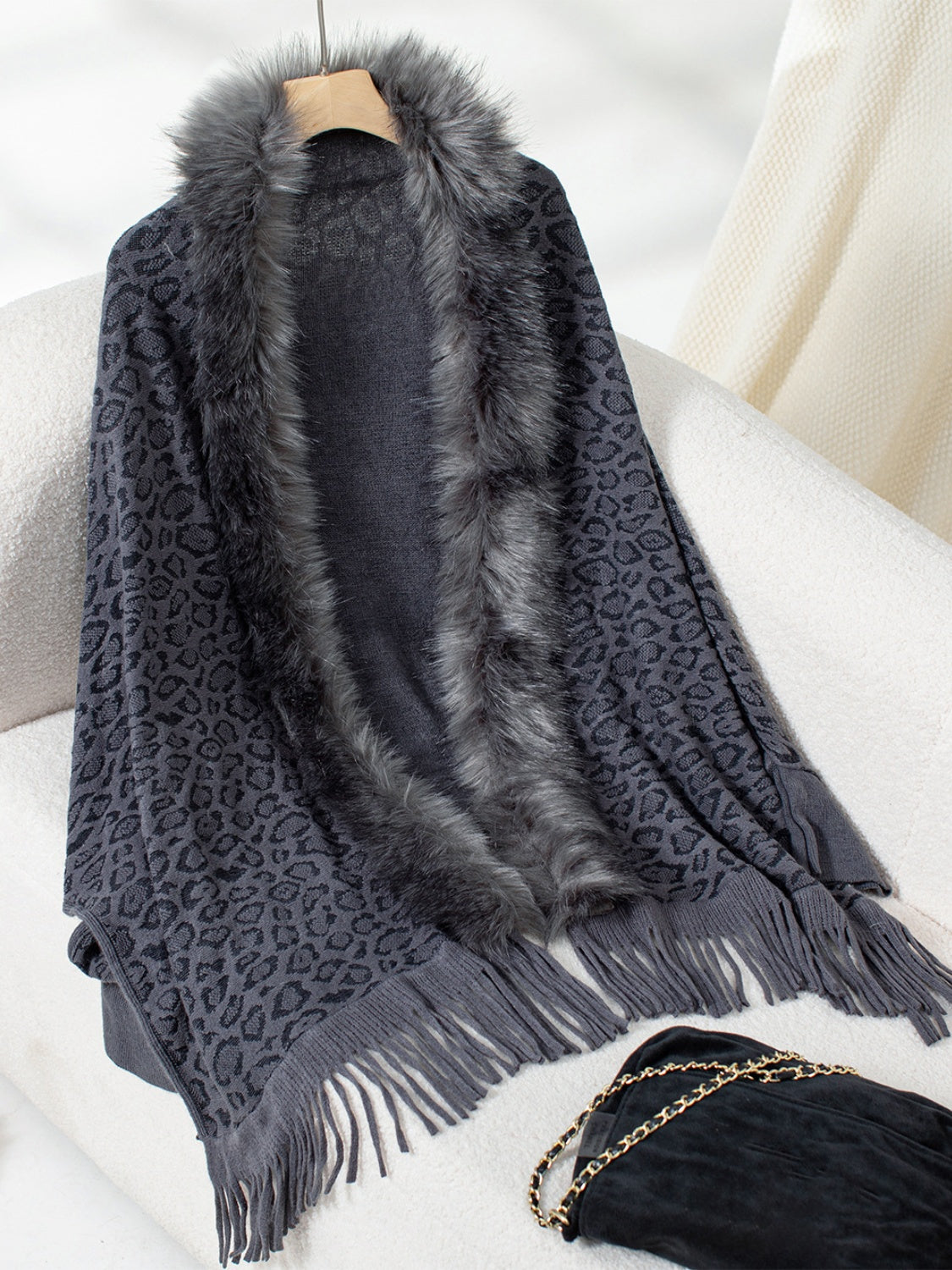 Fringe Leopard Open Front Long Sleeve Poncho Indigo One Size