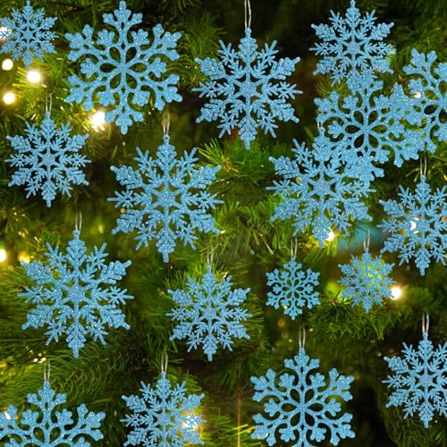 36pcs SnowflakesChristmas Tree Decorations Snowflake Ornaments for Tree Plastic Glitter White Snow Flakes Ornaments Christmas Indoor Winter Wonderland Decor Blue