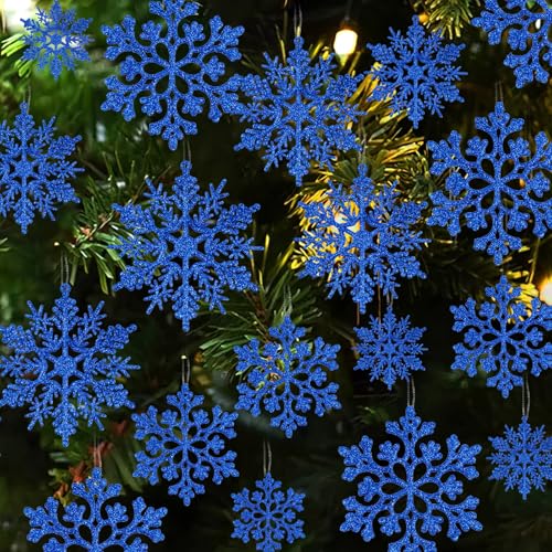 36pcs SnowflakesChristmas Tree Decorations Snowflake Ornaments for Tree Plastic Glitter White Snow Flakes Ornaments Christmas Indoor Winter Wonderland Decor Royal Blue