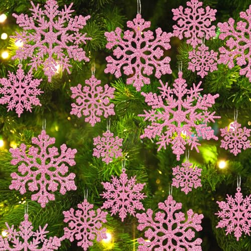 36pcs SnowflakesChristmas Tree Decorations Snowflake Ornaments for Tree Plastic Glitter White Snow Flakes Ornaments Christmas Indoor Winter Wonderland Decor Pink