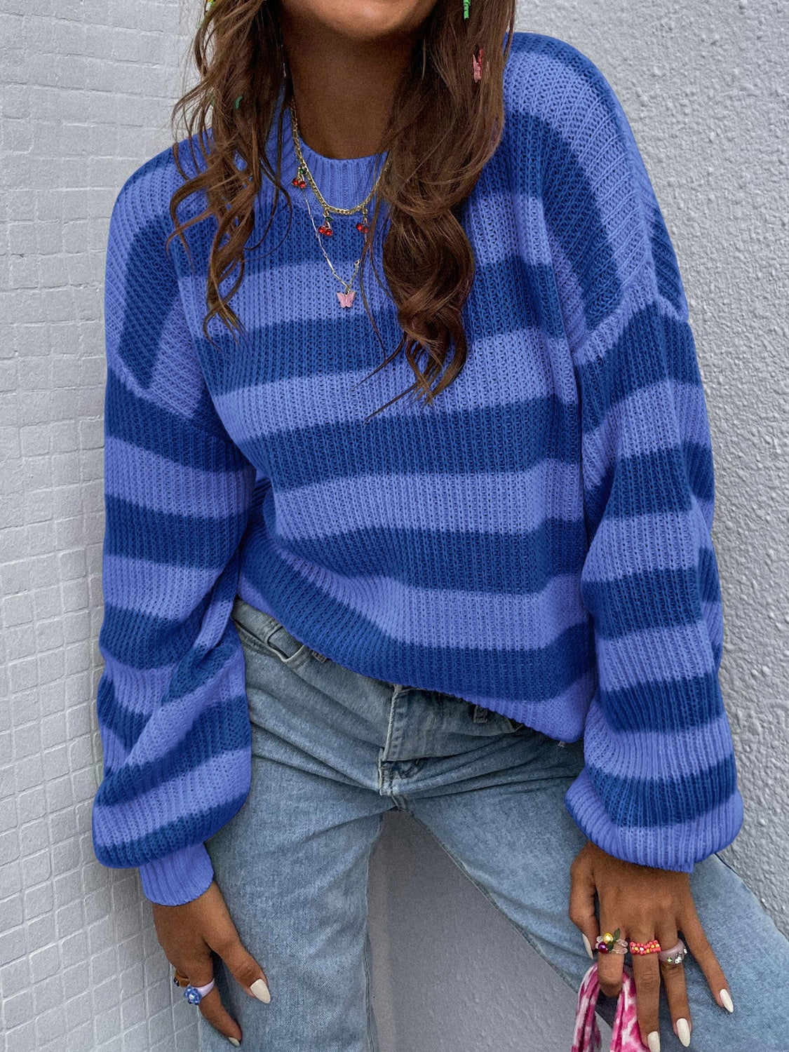 Honey Striped Round Neck Long Sleeve Sweater Royal Blue