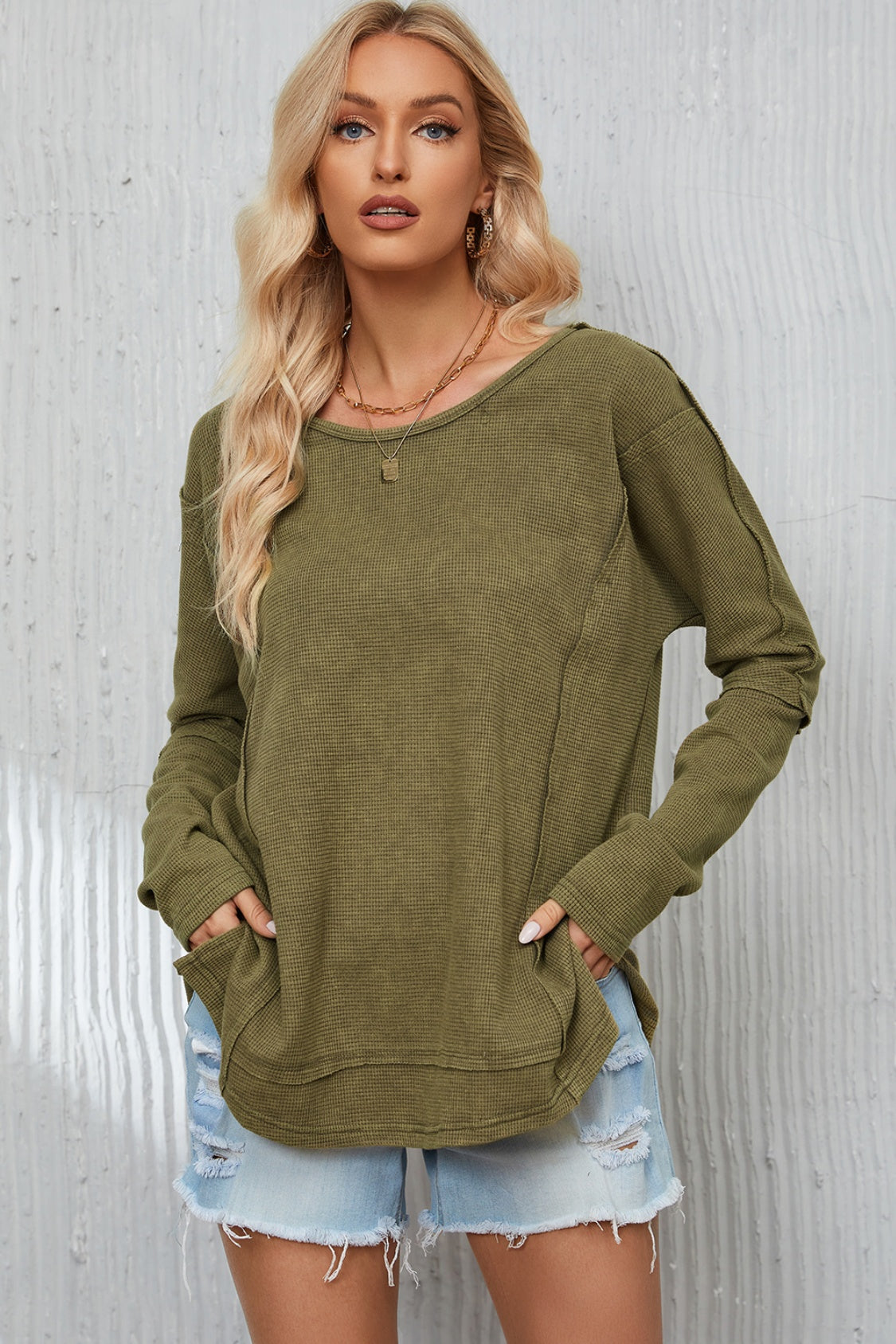 Mineral Washed Exposed Seam Round Neck Long Sleeve Blouse Matcha Green