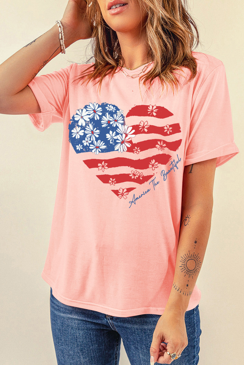 Heart Round Neck Short Sleeve T-Shirt Watermelon pink